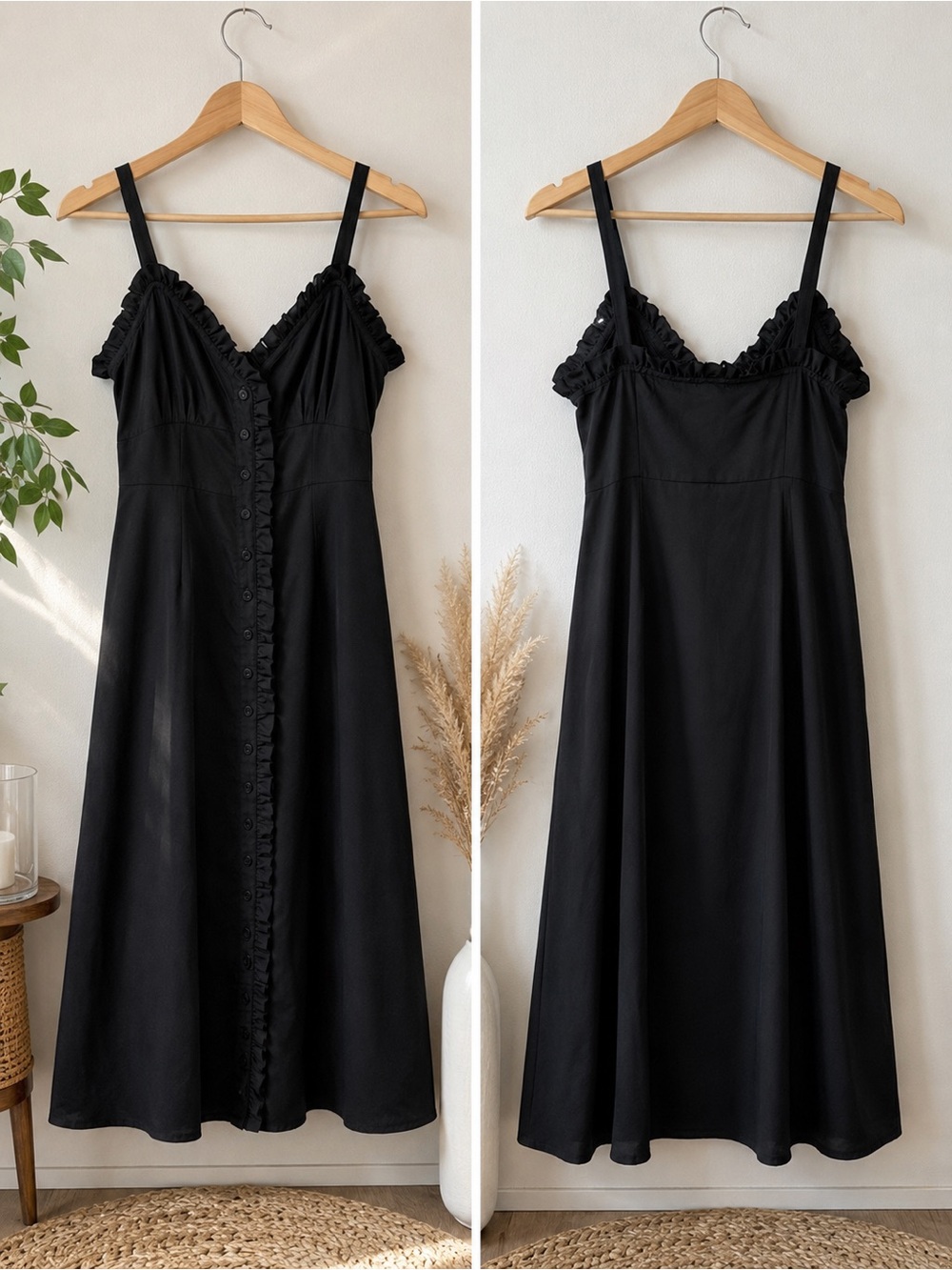 🖤 Topshop Black Ruffle Button-Front Midi Dress | Size 4